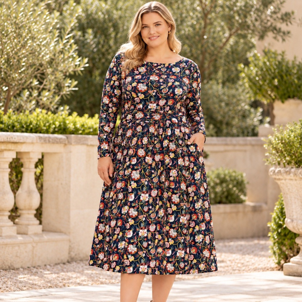 Boden Evelyn Jersey Midi Dress 20/22L Navy Floral Long Sleeve Stretchy Pockets